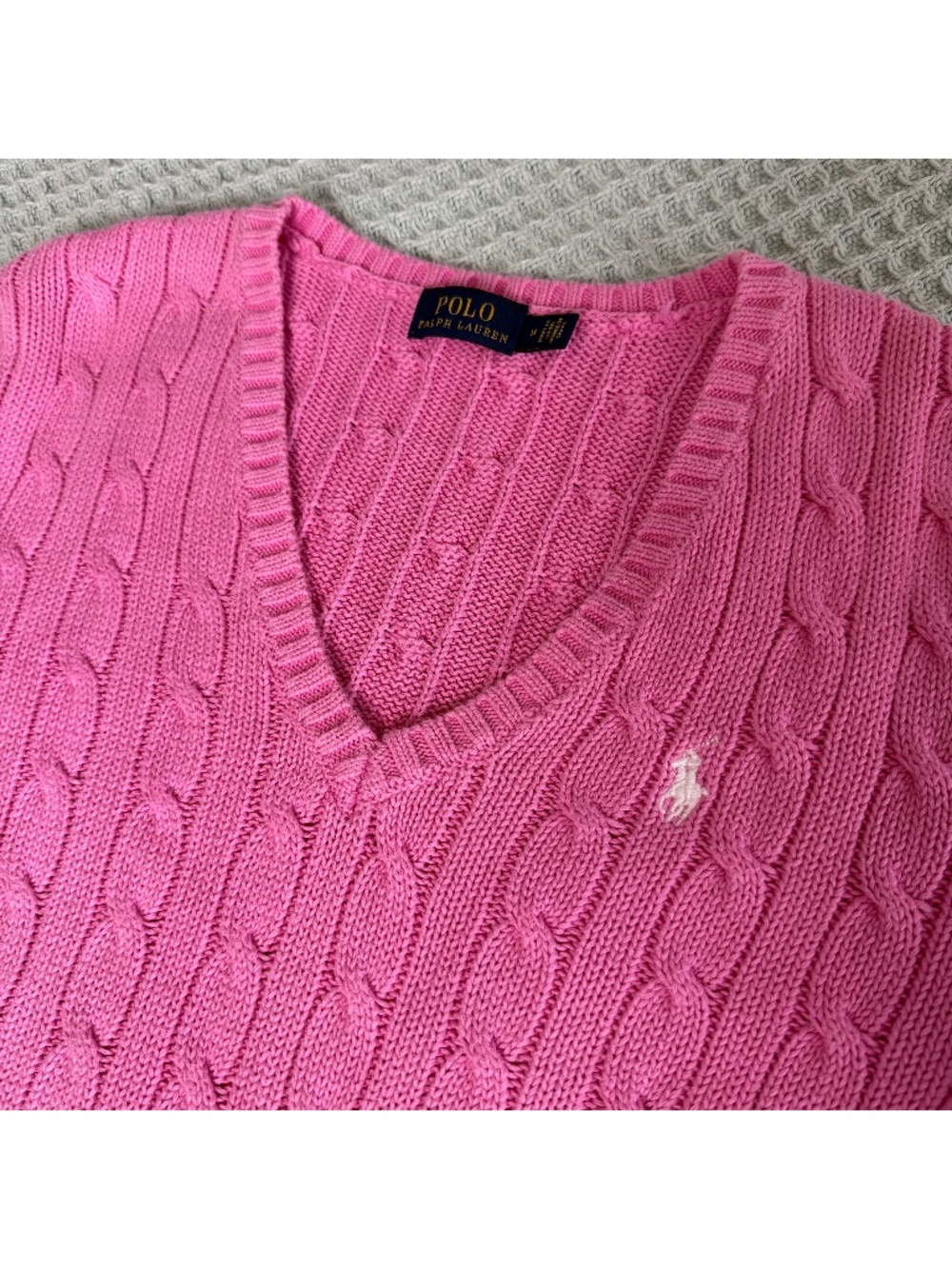 Polo Ralph Lauren V-Neck Cable Knit Sweater Womens Medium Pink Pullover Preppy